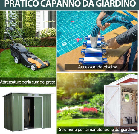 Casetta-da-Giardino-in-Acciaio-con-Doppia-Porta-Scorrevole-e-Prese-d'Aria,-213x130x173-cm,-Verde-HF3845-390HF3