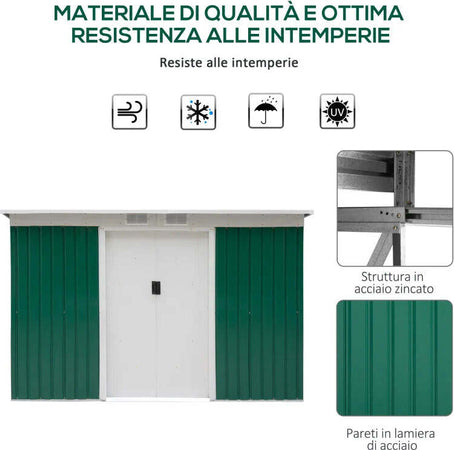 Casetta-da-Giardino-Porta-Utensili-in-Lamiera-di-Acciaio-con-Porte-Scorrevoli,-280x130x172cm,-Verde-Scuro-KJ2845-032KJ2