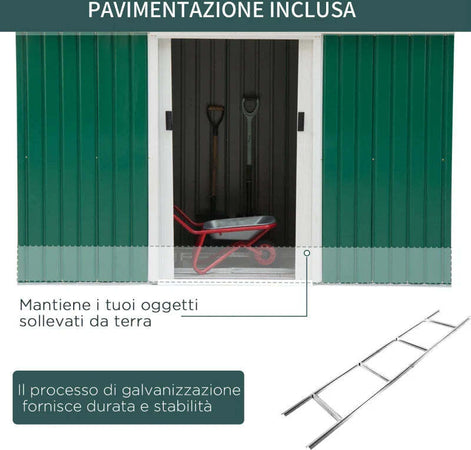Casetta-da-Giardino-Porta-Utensili-in-Lamiera-di-Acciaio-con-Porte-Scorrevoli,-280x130x172cm,-Verde-Scuro-KJ2845-032KJ2
