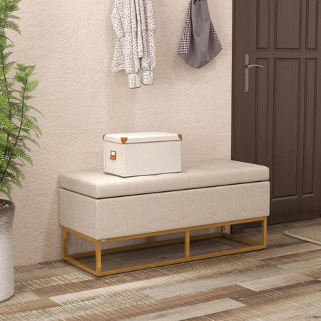 cassaPanca-con-Contenitore-per-ingresso-camera-da-letto-elegante-imbottita-grande-pouf-tessuto-negozio--Poliestere-Trapuntata-con-Gambe-in-Acciaio-d'oro,-110x44x48cm-baule-Beige-F838-353V80BGA