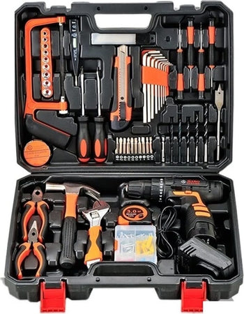 Cassetta-Attrezzi-da-lavoro-Completa-di-126-Pezzi-Trapano-Avvitatore-Doppia-Batteria-12V-pinze-chiavi-cacciaviti-punte