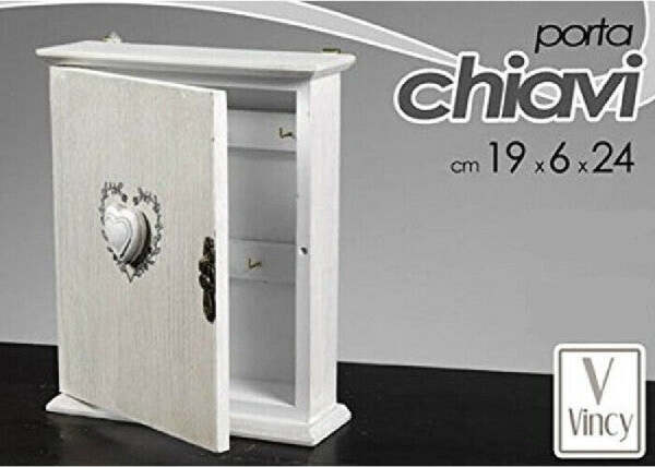 Cassetta-Portachiavi-Da-Parete-In-Legno-Bianco-Con-Cuore-Stile-Shabby-Chic