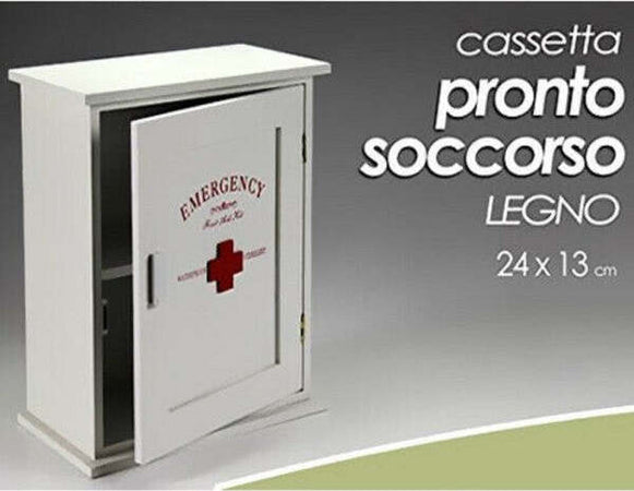 Cassetta-Pronto-Soccorso-Porta-Medicine-In-Legno-Bianco-Da-Parete-24-X-13-Cm