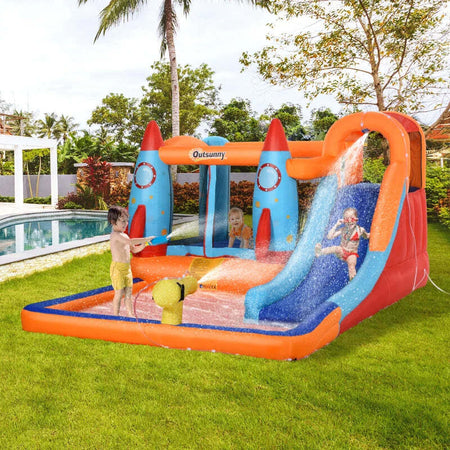 Castello-Gonfiabile-per-Bambini-Piscina-con-Scivolo-e-Trampolino,-Pompa-Elettrica,-350x250x185cm,-Multicolore-PW2342-026PW2