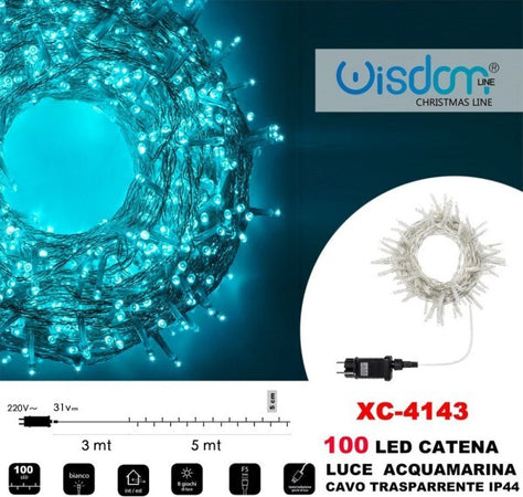 Catena-Luminosa-100-Luci-Led-Lucciole-Luce-Acquamarina-Cavo-Trasparente-Xc-4143