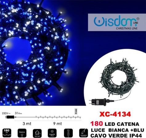 Catena-Luminosa-180-Luci-Led-Lucciole-Luce-Bianca-+-Blu-Cavo-Verde-Ip44-Xc-4134