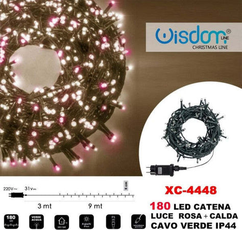 Catena-Luminosa-180-Luci-Led-Lucciole-Luce-Rosa-+-Calda-Cavo-Verde-Ip44-Xc-4448