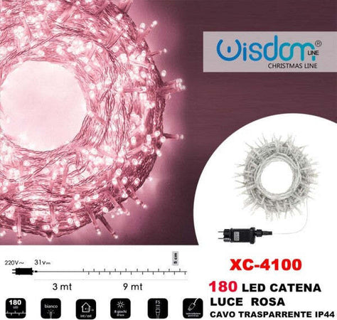 Catena-Luminosa-180-Luci-Led-Lucciole-Luce-Rosa-Cavo-Trasparente-Ip44-Xc-4100