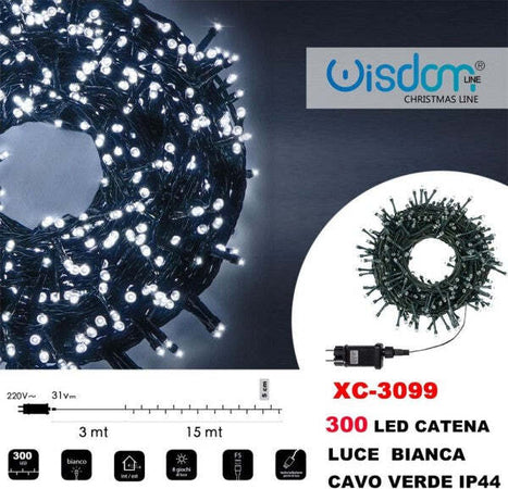 Catena-Luminosa-300-Luci-Led-Lucciole-Luce-Bianca-Cavo-Verde-Ip44-Xc-3099