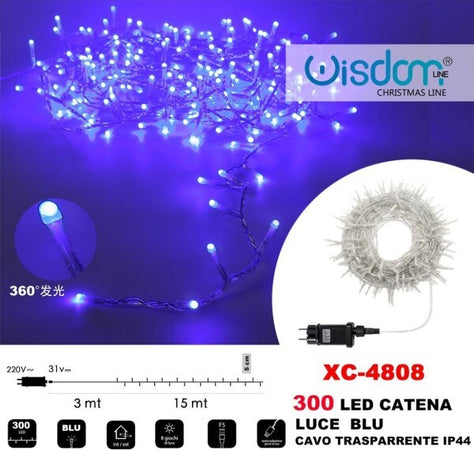 Catena-Luminosa-300-Luci-Led-Lucciole-Luce-Blu-Cavo-Trasparente-Ip44-Xc-4808