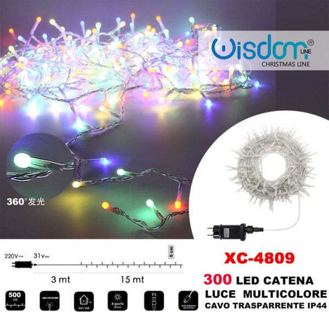 Catena-Luminosa-300-Luci-Led-Lucciole-Luce-Multicolore-Cavo-Trasparente-Xc-4809