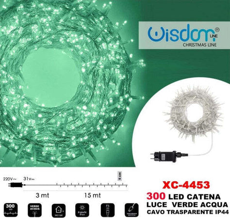 Catena-Luminosa-300-Luci-Led-Lucciole-Luce-Verde-Acqua-Cavo-Trasparente-Xc-4453