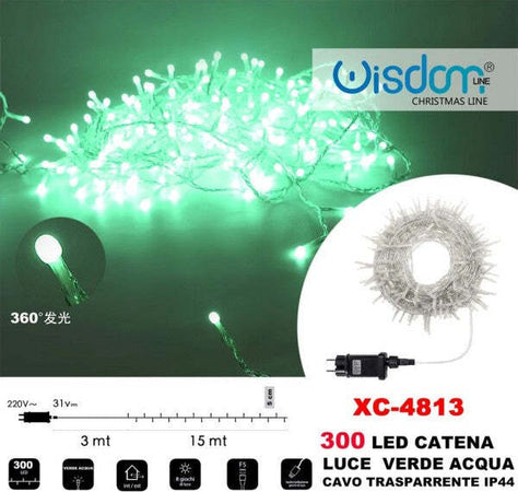 Catena-Luminosa-300-Luci-Led-Lucciole-Luce-Verde-Acqua-Cavo-Trasparente-Xc-4813