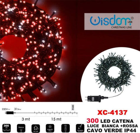Catena-Luminosa-300luci-Led-Lucciole-Luce-Bianca-+-Rossa-Cavo-Verde-Ip44-Xc-4137