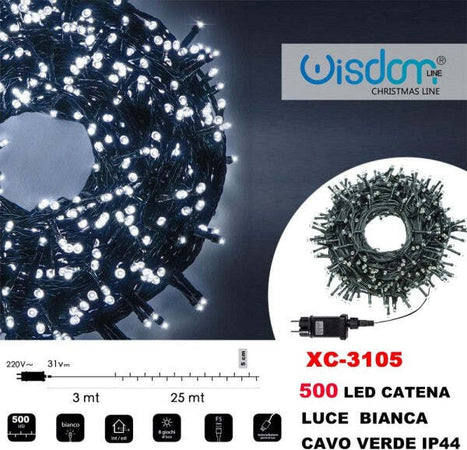 Catena-Luminosa-500-Luci-Led-Lucciole-Luce-Bianca-Cavo-Verde-Ip44-Xc-3105