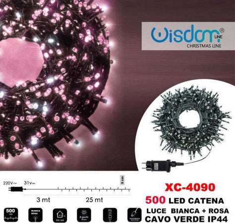 Catena-Luminosa-500-Luci-Led-Lucciole-Luce-Bianca-+-Rosa-Cavo-Verde-Ip44-Xc-4090