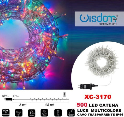 Catena-Luminosa-500-Luci-Led-Lucciole-Luce-Multicolore-Cavo-Trasparente-Xc-3170