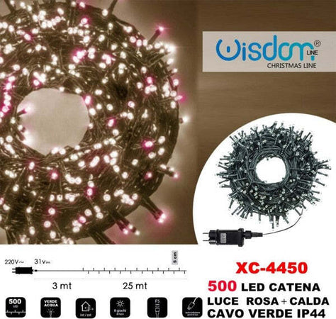 Catena-Luminosa-500-Luci-Led-Lucciole-Luce-Rosa-+-Calda-Cavo-Verde-Ip44-Xc-4450