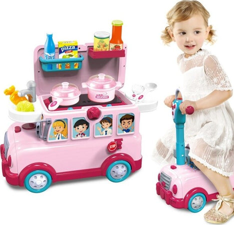 Cavalcabile-Trolley-Schoolbus-Cucina-Giocattolo-Bambini-3in1-Luci-Suoni-Accessori