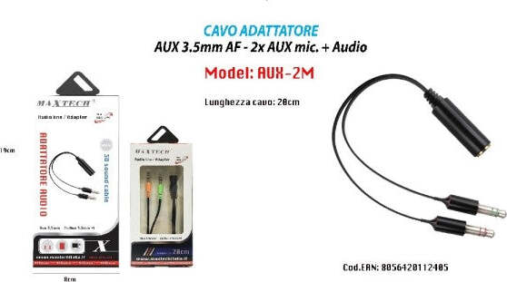 Cavo-Adattatore-Audio-Aux-3.5mm-Femmina-A-Maschio-2x-Aux-Microfono-Maxtech-Aux-2m