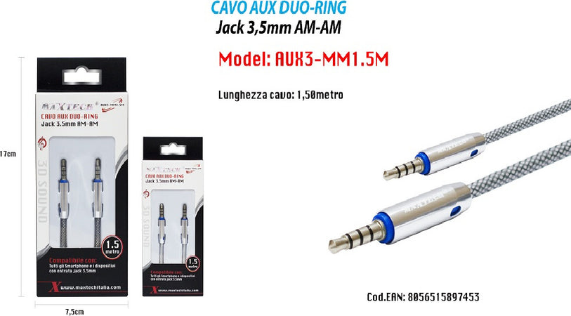 Cavo Audio Jack 3,5 Mm Maschio Am/am 1,5 Mt Prolunga Aux Per Cuffie Maxtech Aux3-mm1.5m Elettronica e telefonia > Accessori Audio e Video > Cavi Audio e Video Trade Shop italia - Napoli, Commerciovirtuoso.it
