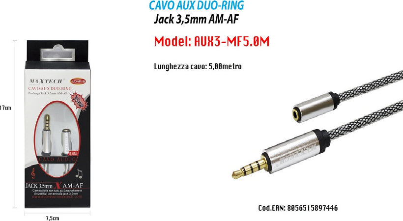 Cavo Audio Jack 3,5mm Da Maschio A Femmina Am/af 5mt Prolunga Aux Maxtech Aux3-mf5.0m Elettronica e telefonia > Accessori Audio e Video > Cavi Audio e Video Trade Shop italia - Napoli, Commerciovirtuoso.it
