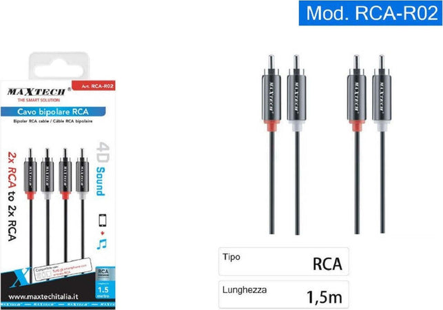 Cavo Bipolare Rca Audio Video Stereo 2 X Rca Maschio/maschio 1,5 Metri Rca-r02 Elettronica/Home Cinema TV e video/Accessori/Cavi/Connettori RCA Trade Shop italia - Napoli, Commerciovirtuoso.it