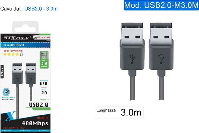 Cavo Dati Doppio Usb 2.0 Maschio - Maschio Prolunga 3 Metri 480mbps Usb2.0-m3.0m Informatica e Videogiochi > Accessori PC > Accessori USB Trade Shop italia - Napoli, Commerciovirtuoso.it
