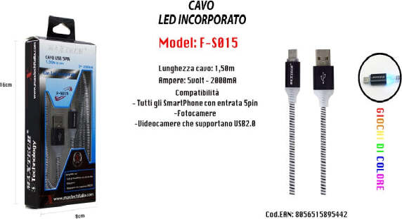 Cavo-Di-Ricarica-Usb-Led-Incorporato-Smartphone-Fotocamere-5v-2000ma-1,50mt-Maxtech-F-s015