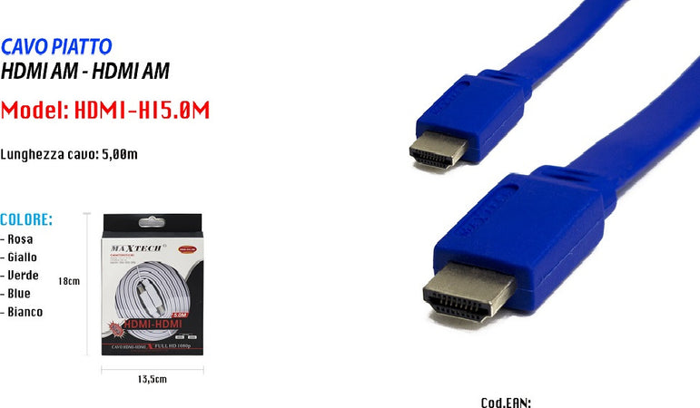 Cavo Hdmi-hdmi Full Hd 1080p Piatto 24k Tv Xbox Video 5metri Maxtech Hdmi-hi5.0m Elettronica e telefonia > Accessori Audio e Video > Cavi Audio e Video Trade Shop italia - Napoli, Commerciovirtuoso.it