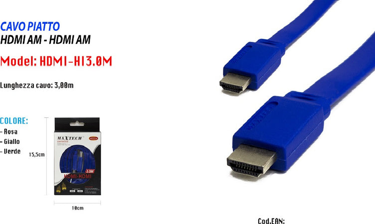 Cavo Piatto Hdmi Am - Hdmi Am Full Hd 3 Metri Per Pc Tv Xbox Maxtech Hdmi-hi3.0m Elettronica e telefonia > Accessori Audio e Video > Cavi Audio e Video Trade Shop italia - Napoli, Commerciovirtuoso.it