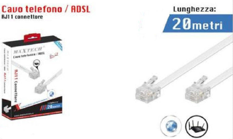 Cavo Prolunga Telefonico Connettore Rj11 20 Metri Modem Adsl Maxtech Rj11-20m Informatica e Videogiochi > Periferiche di rete > Cavi di Rete Trade Shop italia - Napoli, Commerciovirtuoso.it