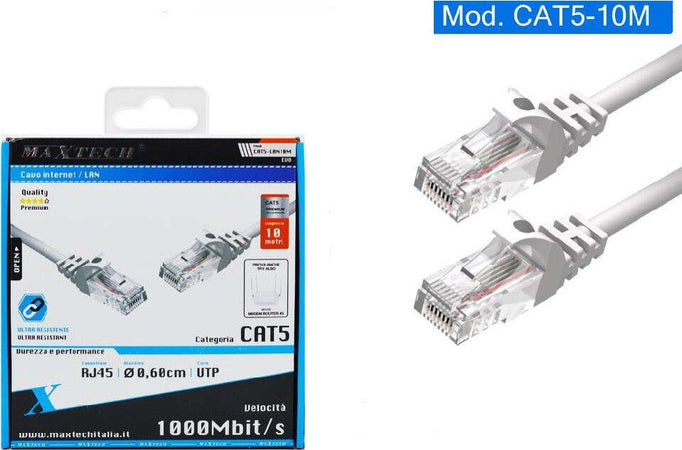 Cavo Rete Lan Internet 10 Mt Cat5 Rj45 Modem Router Computer Maxtech Cat5-lan10m Informatica e Videogiochi > Periferiche di rete > Cavi di Rete Trade Shop italia - Napoli, Commerciovirtuoso.it