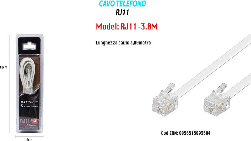 Cavo Telefonico Rj11 3mt Collegamento Telefonico Prolunga Modem Maxtech Rj11-3.0m Informatica e Videogiochi > Periferiche di rete > Cavi di Rete Trade Shop italia - Napoli, Commerciovirtuoso.it