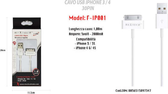 Cavo-Usb-Dati-Per-Apple-30-Pin-Iphone-3-/-3s-/-4g-/-4s-Ipad-Ipod-Maxtech-F-ip001