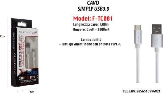 Cavo-Usb-Di-Ricarica-Simply-Usb-3.0-Da-1mt-Ampere-Cellulare-5v-2000ma-Maxtech-F-tc001