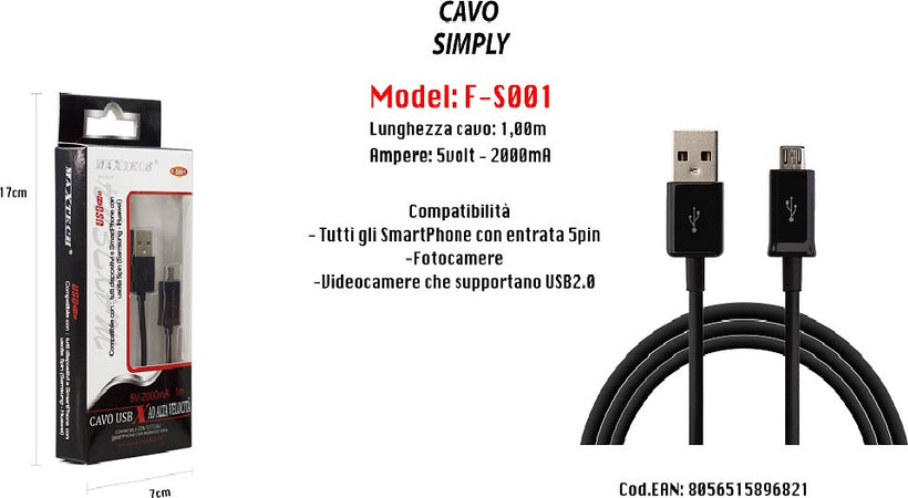 Cavo Usb Simply Smartphone Samsung 5volt - 2000ma 1,00mt 5pin Maxtech F-s001 Cavi Smartphone Trade Shop italia - Napoli, Commerciovirtuoso.it