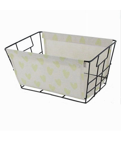 Cesto Porta Oggetti In Ferro Tessuto Stampa Cuori Gialli Manici 30x20x15cm 10617