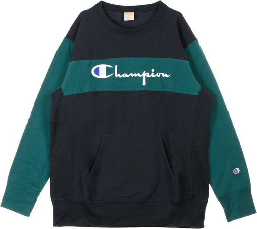 CHAMPION-Felpa-Girocollo-Uomo-Colour-Block-Kangaroo-Pocket-Reverse-Weave-Dark-Blue/green-da-uomo
