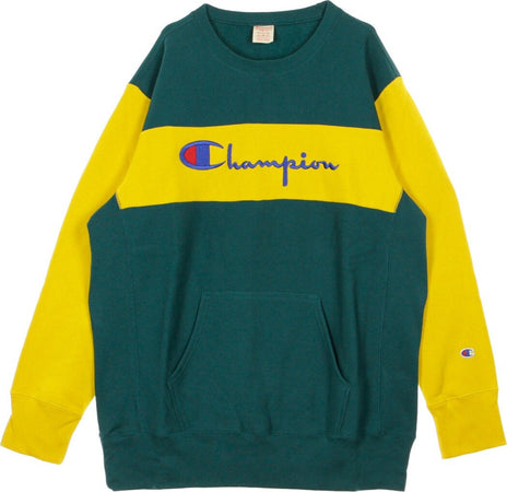 CHAMPION-Felpa-Girocollo-Uomo-Colour-Block-Kangaroo-Pocket-Reverse-Weave-Green/yellow-da-uomo
