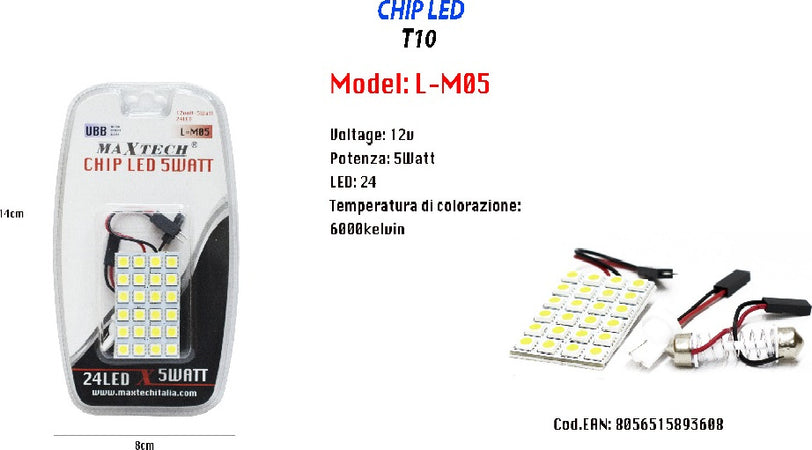 Chip Led 24 Led Per Interni Auto Luce Fredda 6000k 5 Watt 12 V T10 Maxtech L-m05 Auto e Moto/Parti per auto/Luci lampadine e indicatori/Lampadine/Lampadine per esterno Trade Shop italia - Napoli, Commerciovirtuoso.it