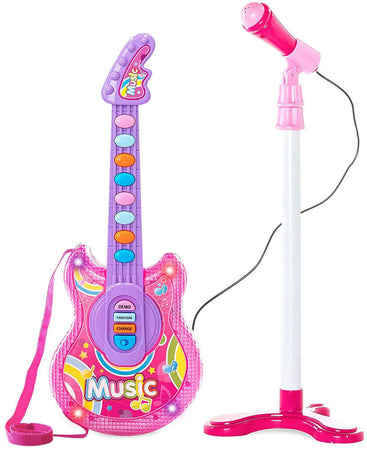 Chitarra Elettrica + Microfono Karaoke Giocattolo Bambini Luci Attacco Aux Rosa