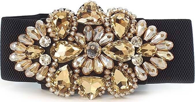 Cintura Donna Oro Fascia Larga Fiore E Pietre in Tessuto Elasticizzato Con Gioiello in Strass Sulla Parte Frontale Retro Con Chiusura a Clip 68 x73cm CLFC1638211 Moda/Donna/Accessori/Cinture You Store - Messina, Commerciovirtuoso.it