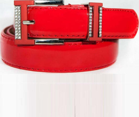 Cintura-Donna-Rosso-Ecopelle-Pelle-Cinta-Tessuto-Fibbia-In-Metallo-Brillantini