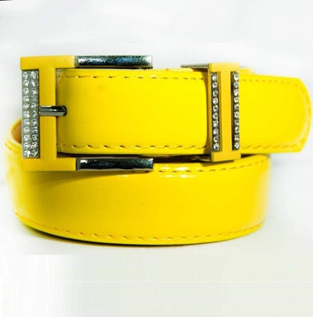 Cintura-Giallo-Ecopelle-Pelle-Cinta-Tessuto-Fibbia-In-Metallo-Brillantini
