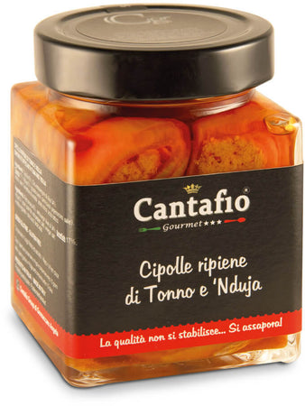 Cipolle ripiene con Tonno e 'Nduja prodotto tipico Calabrese cipolle ripiene sott'olio con nduja piccante e tonno CANTAFIO GOURMET® 280g.