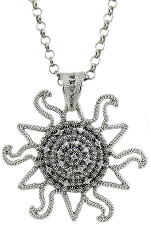 Collana filigrana sarda in argento brunito con pendente corbula sole con zirconi