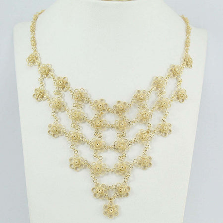 Collana donna filigrana sarda in argento dorato nido d'ape a fiore