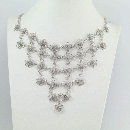 Collana donna filigrana sarda in argento rodiato nido d'ape a fiore