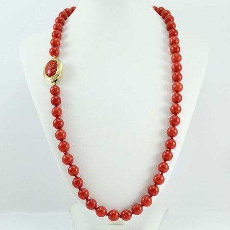 Collana donna filo corallo rosso e chiusura in oro giallo con cammeo 50 cm